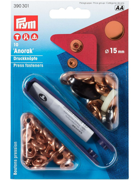 Box of 10 copper anorak snap buttons with 15 mm tool