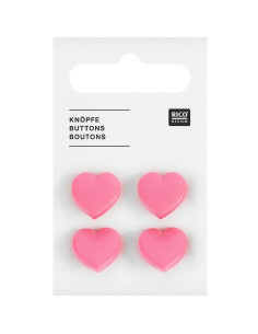 Card of 4 heart buttons - Pink 15 x 15 mm