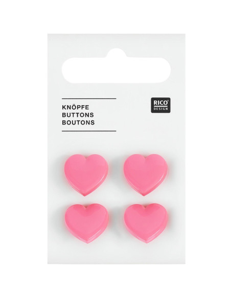Card of 4 heart buttons - Pink 15 x 15 mm