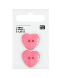 Card of 2 heart buttons - Pink 22 x 22 mm