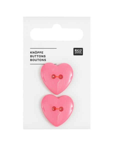 Card of 2 heart buttons - Pink 22 x 22 mm