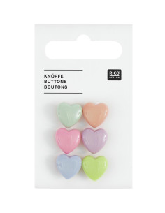 Card of 6 heart buttons - Pastels 11 x 11 mm
