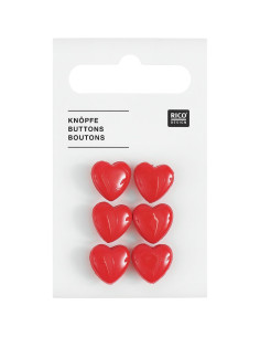 Set of 6 heart buttons - Red 11 x 11 mm