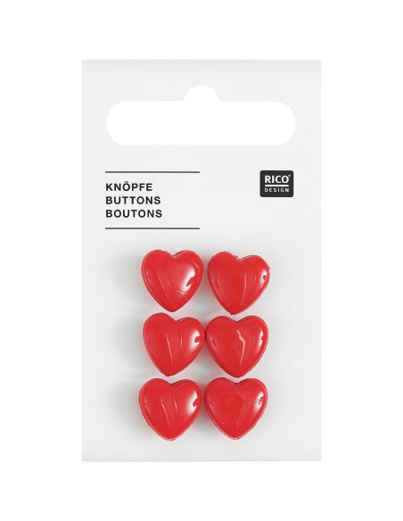 Set of 6 heart buttons - Red 11 x 11 mm