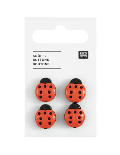 Card of 4 ladybug buttons - Red 13 x 15 mm