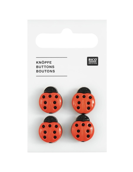 Card of 4 ladybug buttons - Red 13 x 15 mm