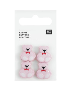Card of 4 teddy bear buttons - Lilac 16 x 18 mm