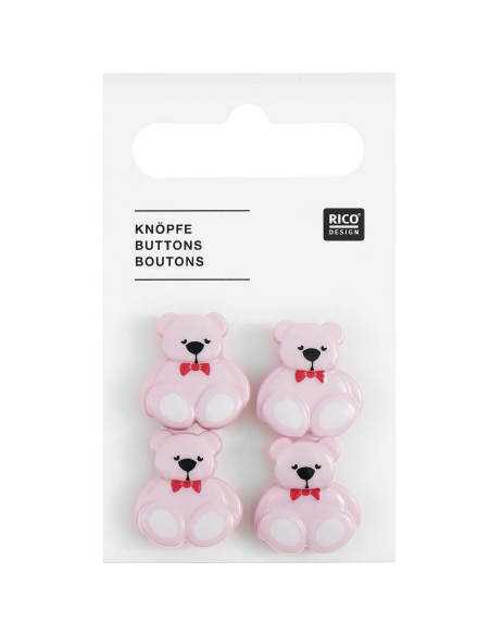 Card of 4 teddy bear buttons - Lilac 16 x 18 mm