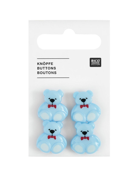 Card of 4 teddy bear buttons - Blue 16 x 18 mm