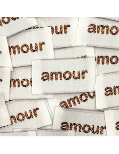 Set of 5 woven sew-on labels Love - Bronze