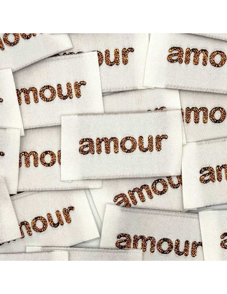 Set of 5 woven sew-on labels Love - Bronze
