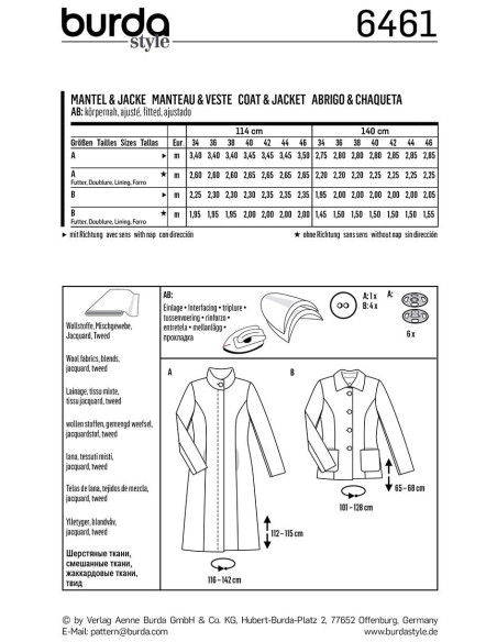 Coat and jacket pattern - Burda 6461