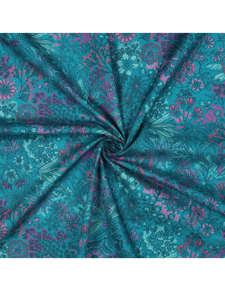 Cotton poplin fabric - Petrol blue flowers
