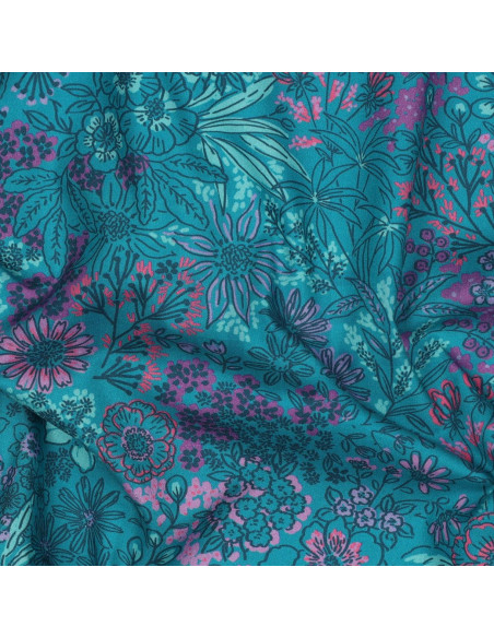 Cotton poplin fabric - Petrol blue flowers