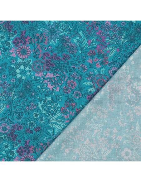 Cotton poplin fabric - Petrol blue flowers
