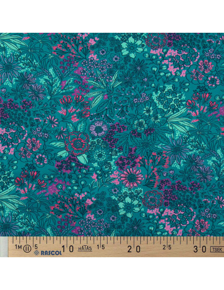 Cotton poplin fabric - Petrol blue flowers