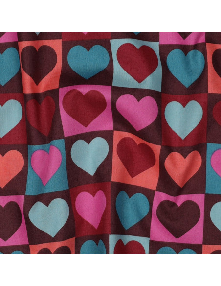 Cotton poplin fabric - Heart on burgundy background