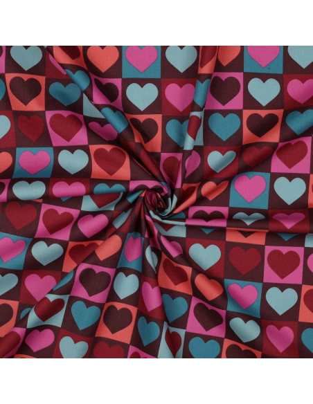 Cotton poplin fabric - Heart on burgundy background