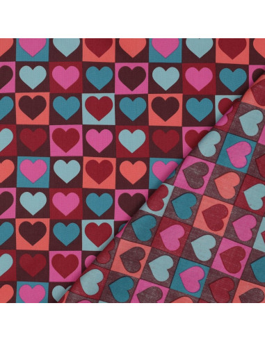 Cotton poplin fabric - Heart on burgundy background