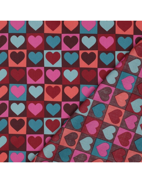 Cotton poplin fabric - Heart on burgundy background