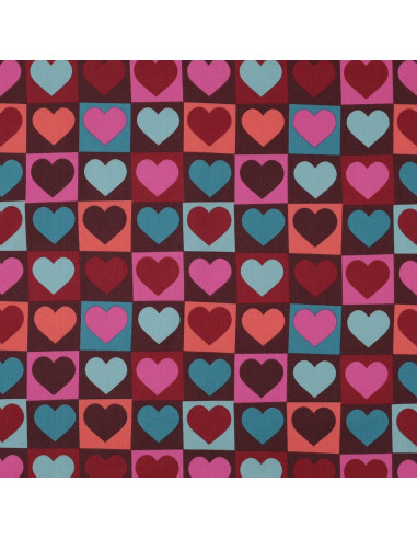 Cotton poplin fabric - Heart on burgundy background
