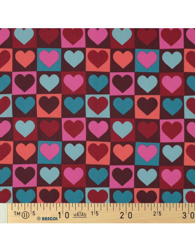 Cotton poplin fabric - Heart on burgundy background