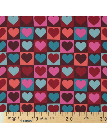Cotton poplin fabric - Heart on burgundy background