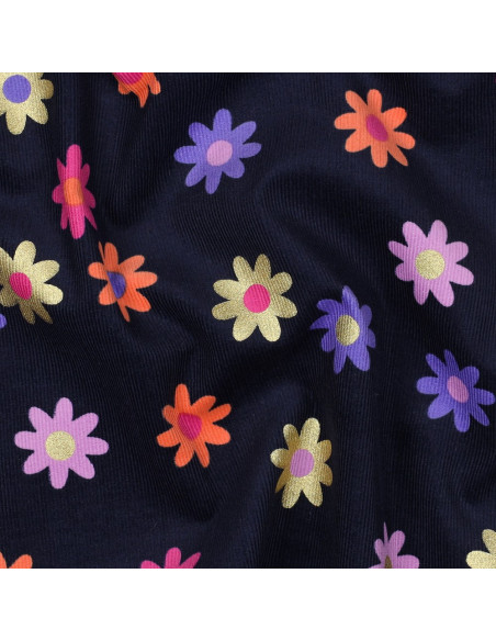 Fancy corduroy fabric - Flowers on navy blue background