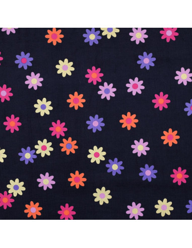 Fancy corduroy fabric - Flowers on navy blue background