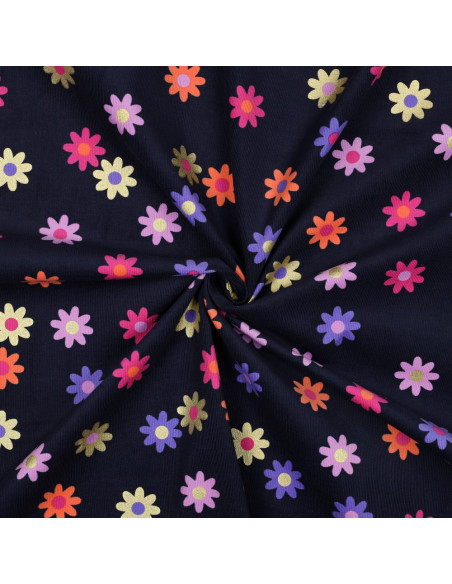 Fancy corduroy fabric - Flowers on navy blue background