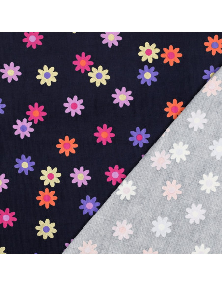 Fancy corduroy fabric - Flowers on navy blue background