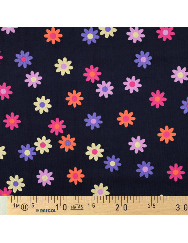 Fancy corduroy fabric - Flowers on navy blue background