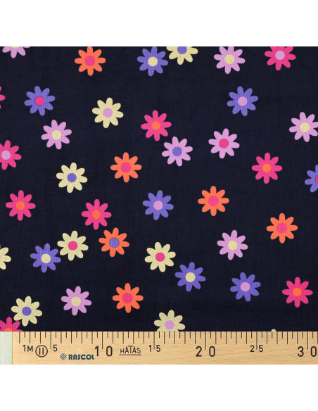 Fancy corduroy fabric - Flowers on navy blue background