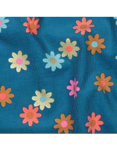 Fancy corduroy fabric - Flowers on petrol blue background