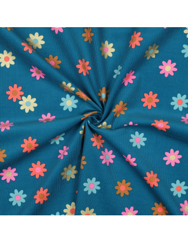 Fancy corduroy fabric - Flowers on petrol blue background