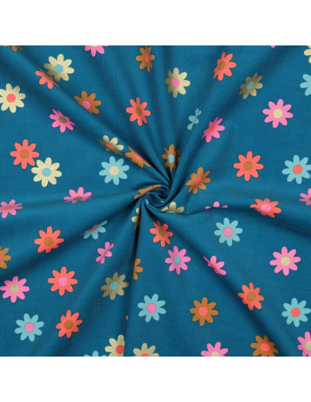 Fancy corduroy fabric - Flowers on petrol blue background