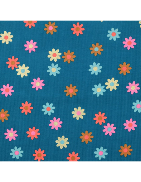 Fancy corduroy fabric - Flowers on petrol blue background