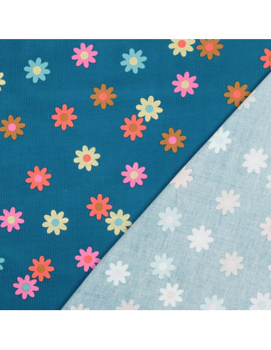 Fancy corduroy fabric - Flowers on petrol blue background