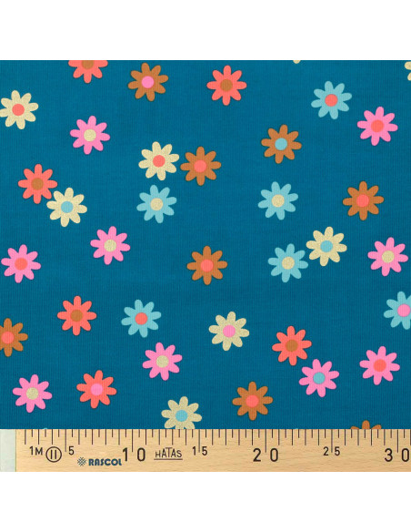 Fancy corduroy fabric - Flowers on petrol blue background