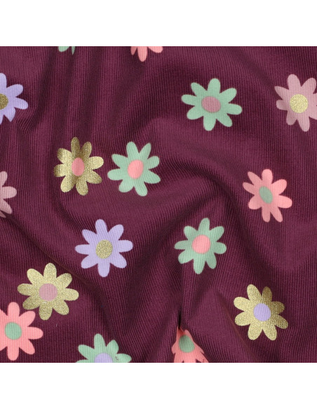 Fancy milleraies velvet fabric - Flowers on burgundy background