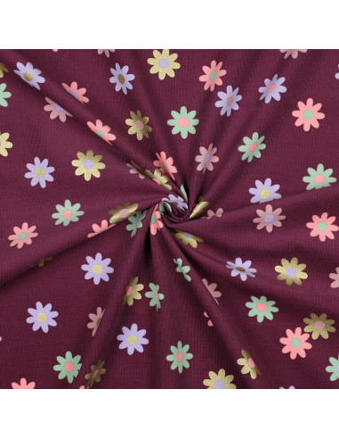 Fancy corduroy fabric - Flowers on burgundy background