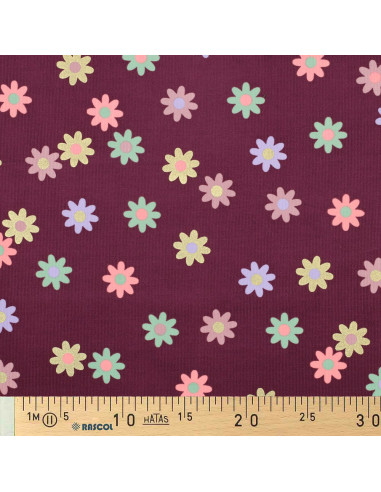 Fancy corduroy fabric - Flowers on burgundy background