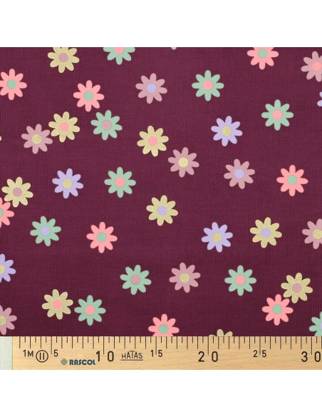 Fancy corduroy fabric - Flowers on burgundy background