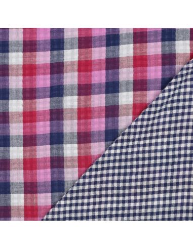 Double gauze cotton fabric with checks - Lilac and navy blue