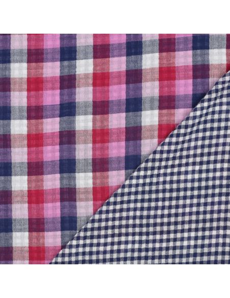 Double gauze cotton fabric with checks - Lilac and navy blue