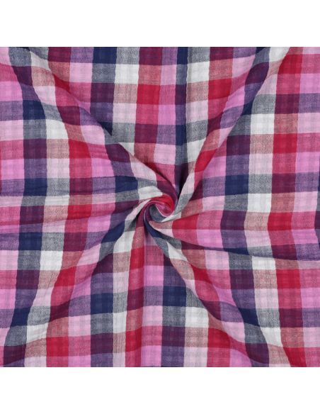 Double gauze cotton fabric with checks - Lilac and navy blue
