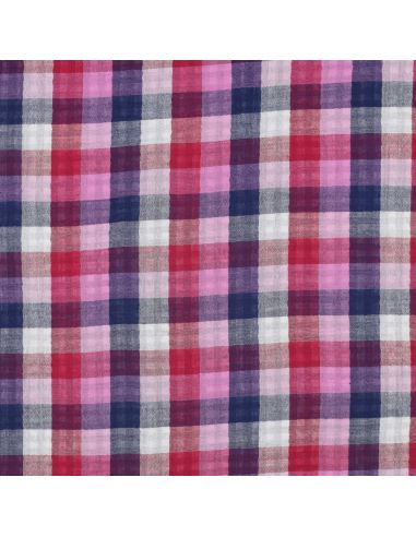 Double gauze cotton fabric with checks - Lilac and navy blue
