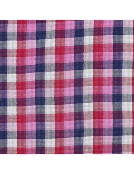 Double gauze cotton fabric with checks - Lilac and navy blue