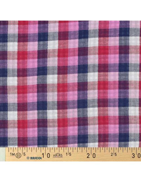 Double gauze cotton fabric with checks - Lilac and navy blue