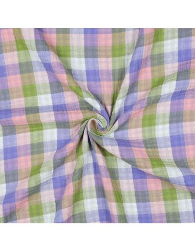Double gauze cotton fabric with checks - Pink and lavender